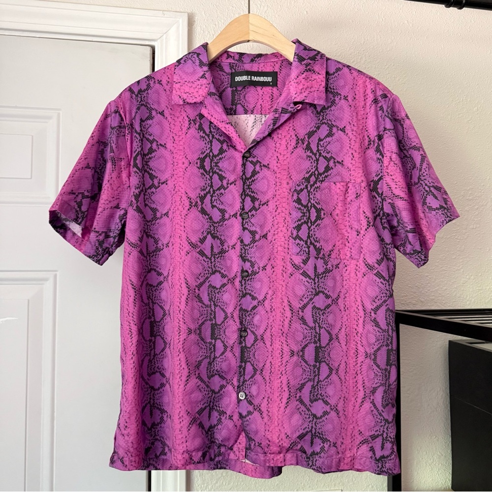 DOUBLE RAINBOUU pink‎ purple python snake reptile short sleeve button up shirt